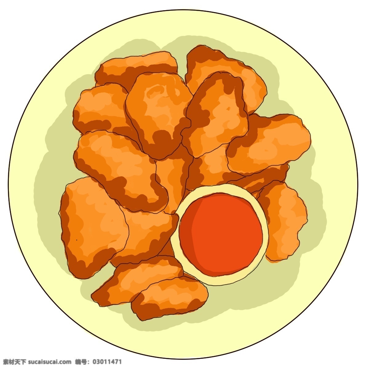 插画 手绘 炸鸡块 图 鸡肉 零食 炸鸡 鸡腿 灰色 长方形 盘子 黄色 油炸食品 食物 金黄色 荤菜 用于 肯德基 麦当劳 宣传