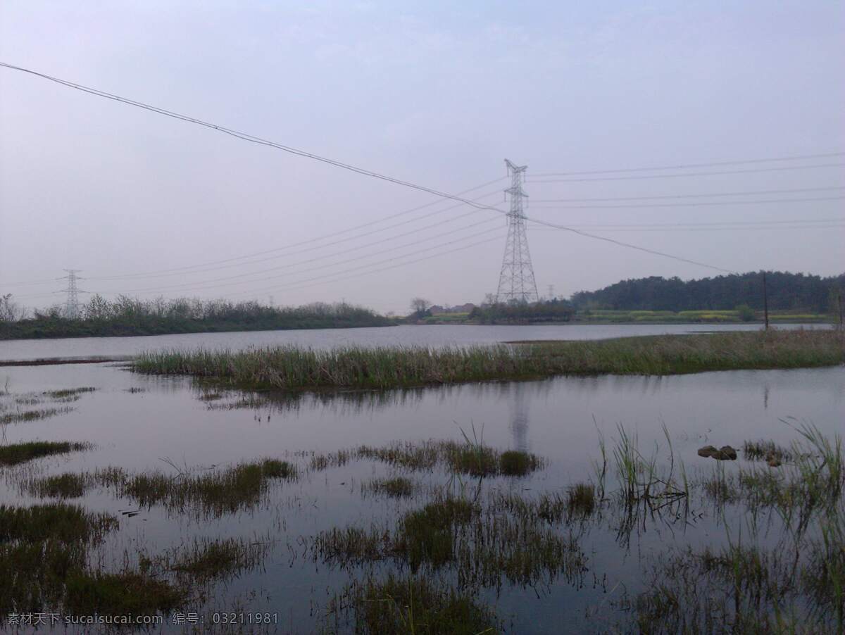 乡村 小 塘 春天 高压线 农村 水草 水塘 自然风景 自然景观 乡村小塘 水 psd源文件