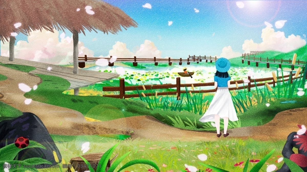 绿色 唯美 春天 四月 你好 插画 女孩 背景 绿色背景 郊外