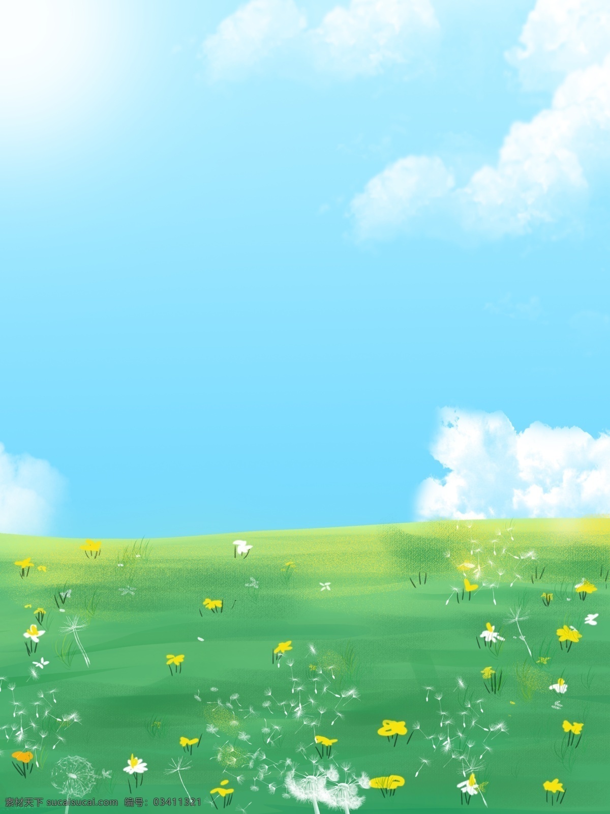 卡通 清新 风 植物 插画 背景 绿色背景 治愈系背景 植物背景 唯美 草地背景 绿地背景 蓝天白云