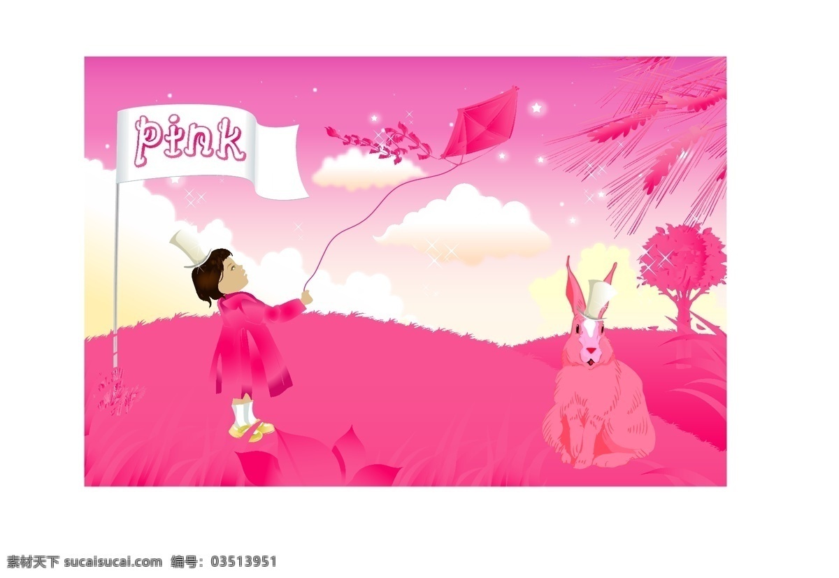 背景 插画 动画 动物 儿童 放风筝 粉色 绘画 卡通 手绘 漫画 人物 兔子 田野 野外 树木 艺术素材 美术绘画 文化艺术 矢量 插画集