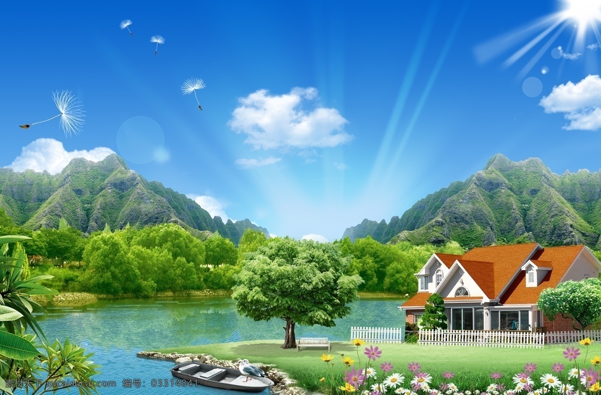蓝天白云草地 蓝天草地 草地 蓝天白云 风景 草地风景 自然 绿色 蓝天 白云 别墅 山水风景 小船 草 树 花 花园 种植园 农场 牧场 田园 蝴蝶 彩蝶 环保广告 春天 空旷 阳光 分层 源文件