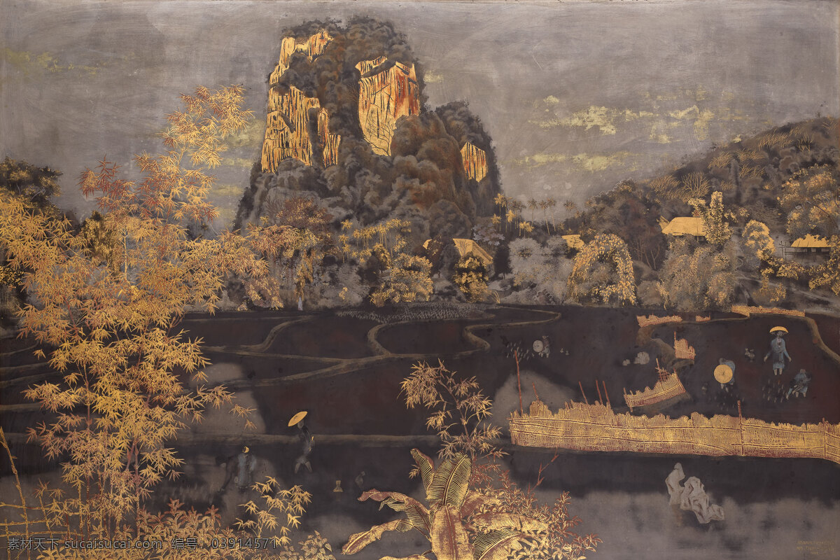 山水描金画 东南亚地区 高山 耸立 平原水田 金色竹子 忙碌的人们 现代油画 油画 文化艺术 绘画书法