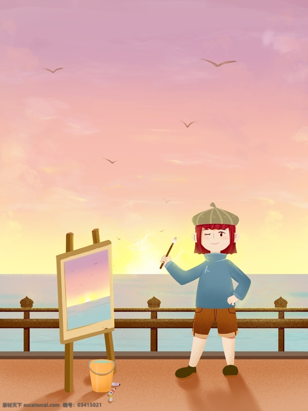 温馨 紫色 青年节 画家 男孩 海边 画画 自由 文艺 码头 温暖 插画 自然