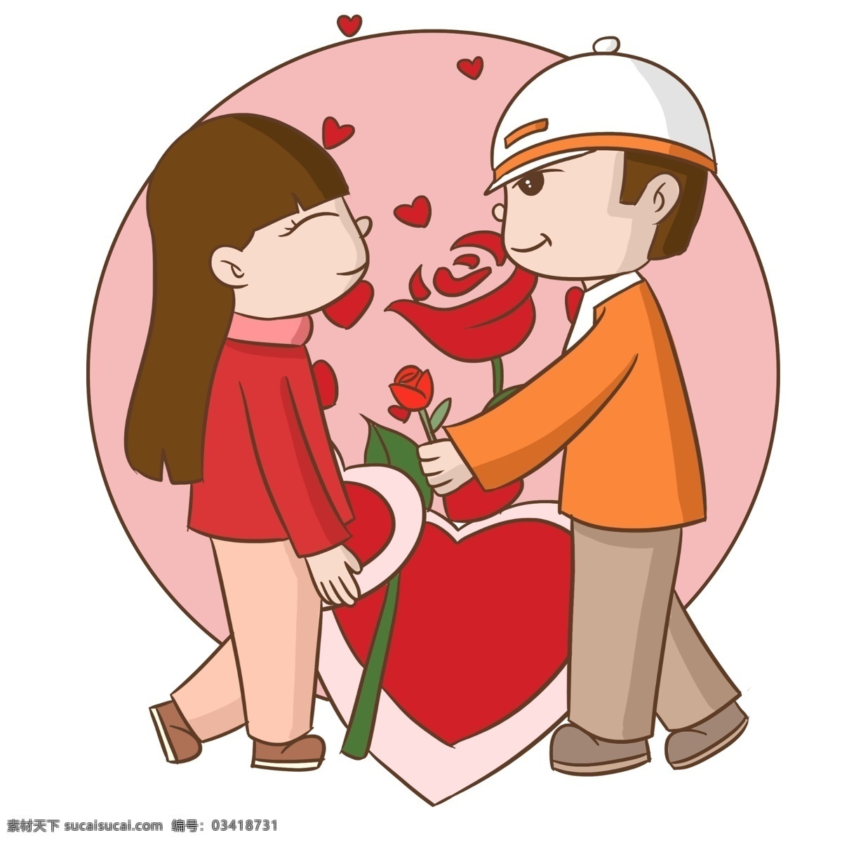 情人节 情侣 玫瑰花 红色的玫瑰花 漂亮的小女孩 白色的帽子 卡通人物 人物 手绘 插画 恩爱的情侣