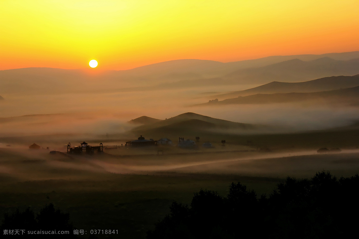 金色 朝阳 洒满 草原 山丘 远山 薄雾 磅礴气势 缭绕 蒙古包 气象万千 自然景观 自然风景