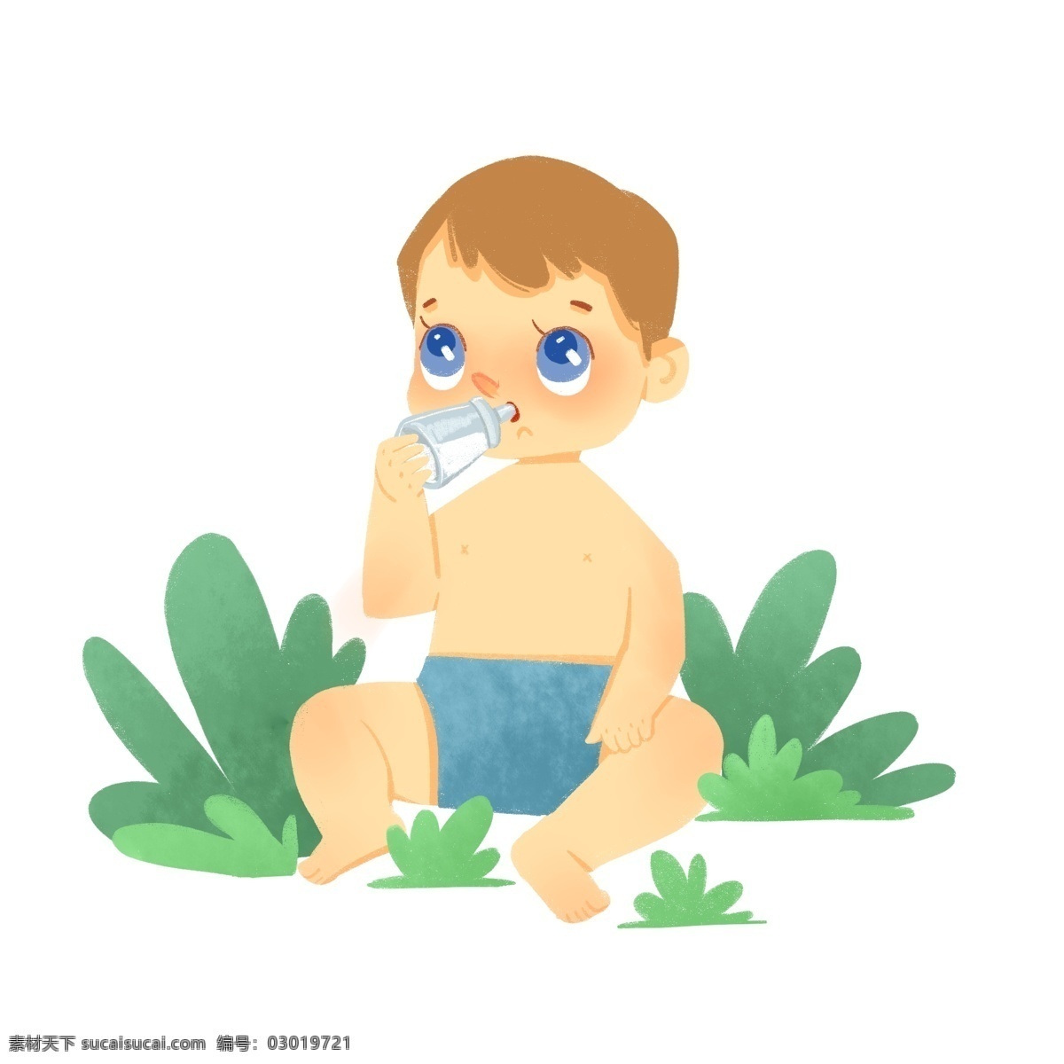 可爱 小 婴儿 喝 奶瓶 小婴儿 宝宝 宝贝 卡通 人物 喝奶 牛奶 奶粉 吃饭 小男孩 小朋友 草地 植物 小裤头 开心