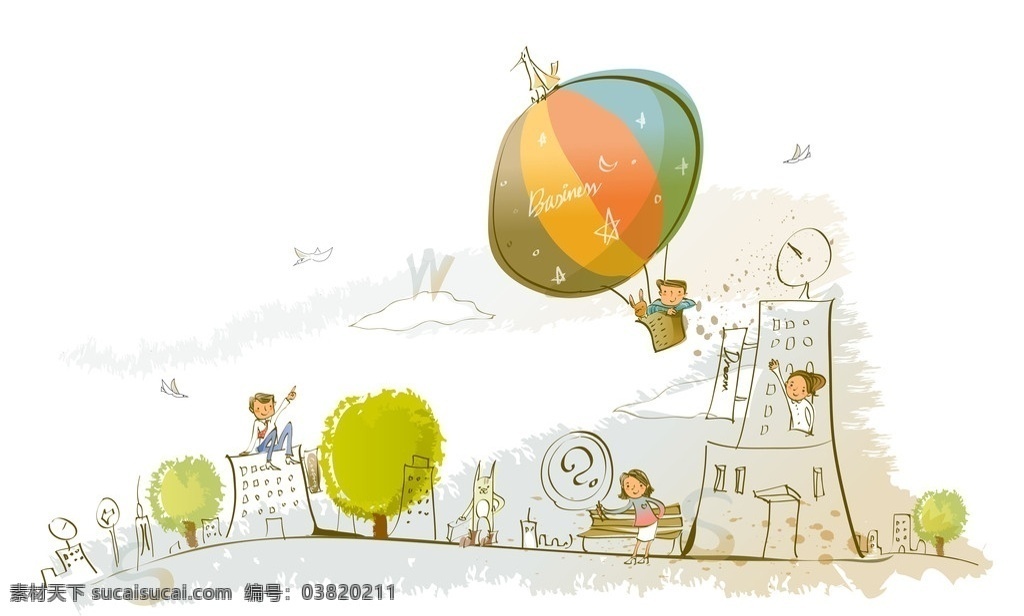 时尚简笔插画 时尚 简笔 插画 儿童 游玩 可爱 热气球 信号接收器 小鸟 城市 楼房 卡通 动漫人物 动漫动画