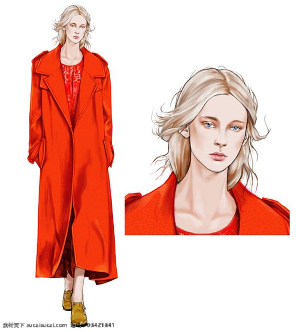 帅气 亮 红色 大 风衣 女装 效果图 大红色大衣 服饰设计 服装效果图