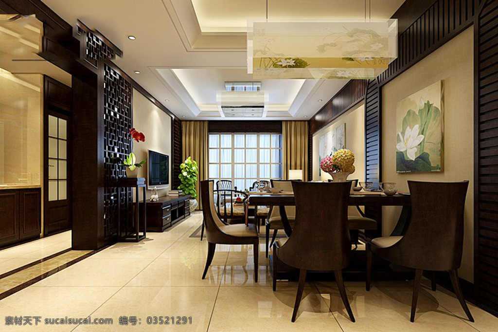 中式 餐厅 3d模型 家居时尚 室内装饰 中式餐厅 桌椅组合 3d模型素材 室内装饰模型