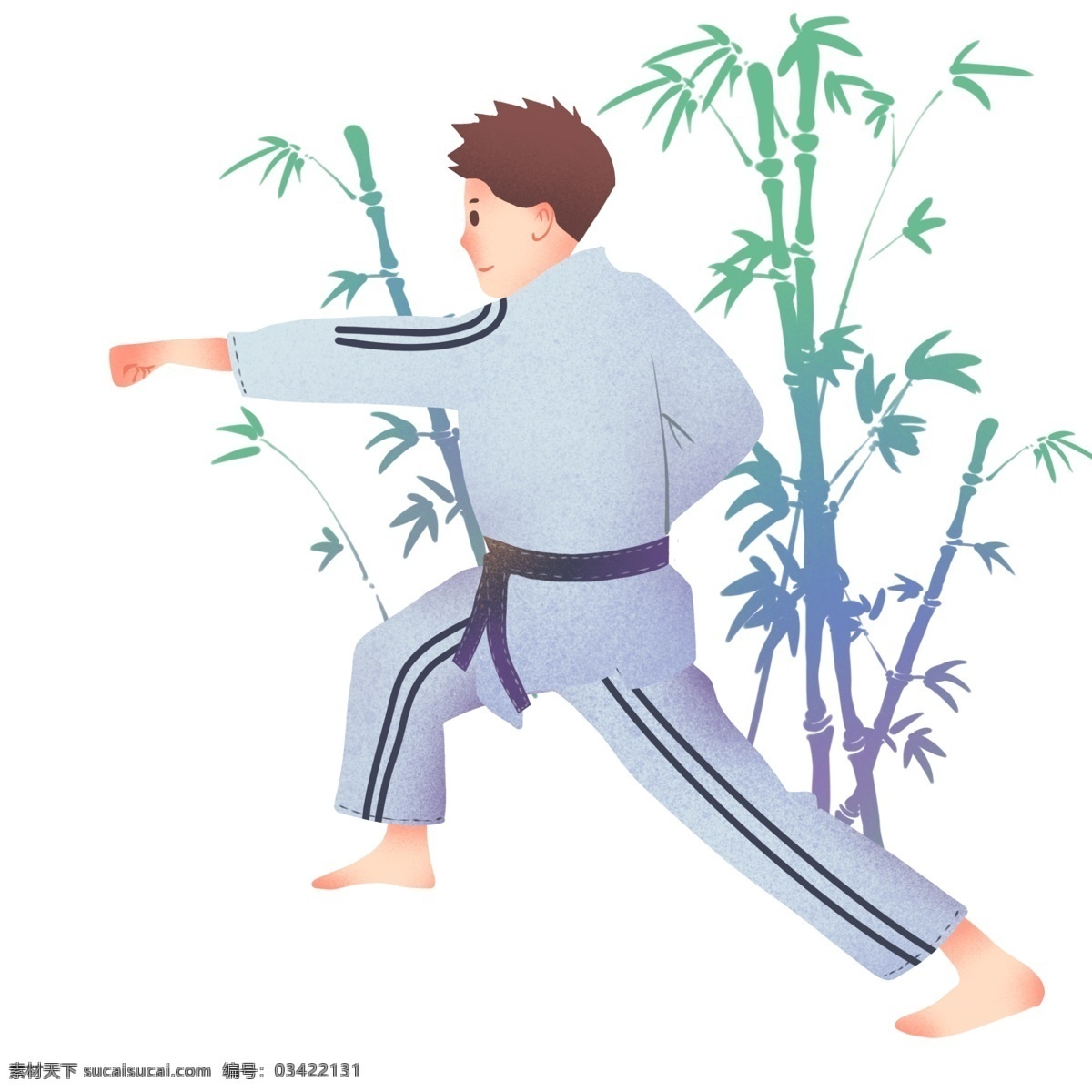 柔道 健身 小 男孩 运动健身插画 柔道健身 健身的小男孩 绿色的叶子 竹子装饰 卡通的人物