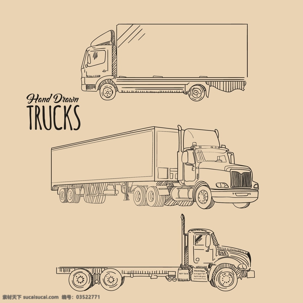手动卡车收集 旅行 手 手拉 卡车 涂鸦 素描 绘图 运输 粗略 车轮 收集 客舱 长