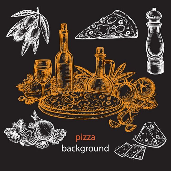 手绘 披萨 蔬菜 矢量图 广告背景 背景素材 广告 背景 素材免费下载 酱汁 红酒 美食