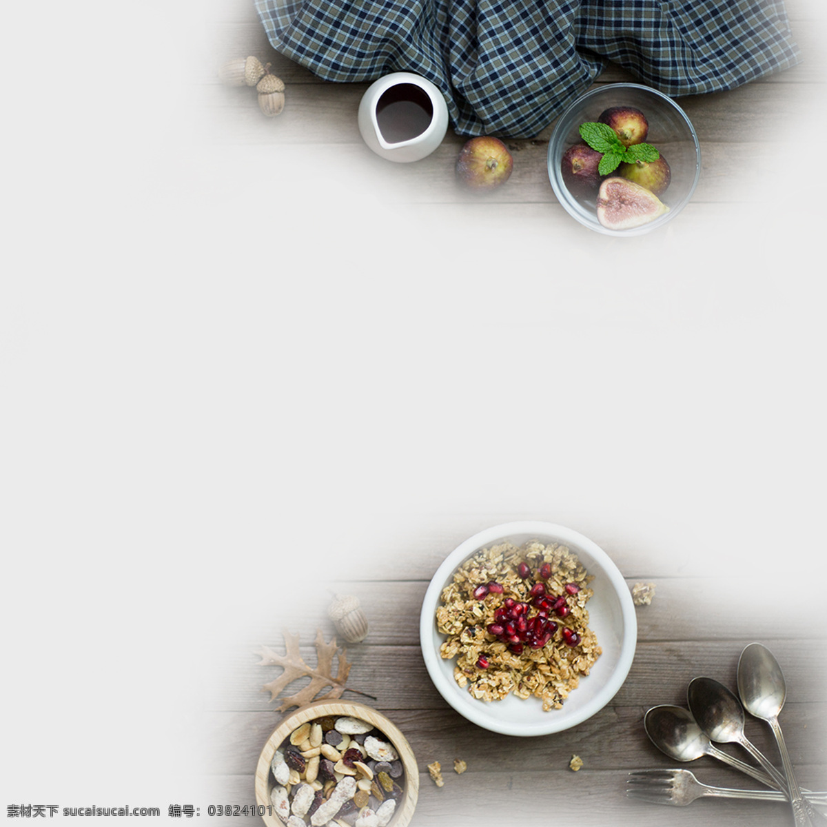 燕麦 早餐 背景 图 勺子 红色 格子布 不锈钢 叉子 背景素材 底纹边框 背景底纹