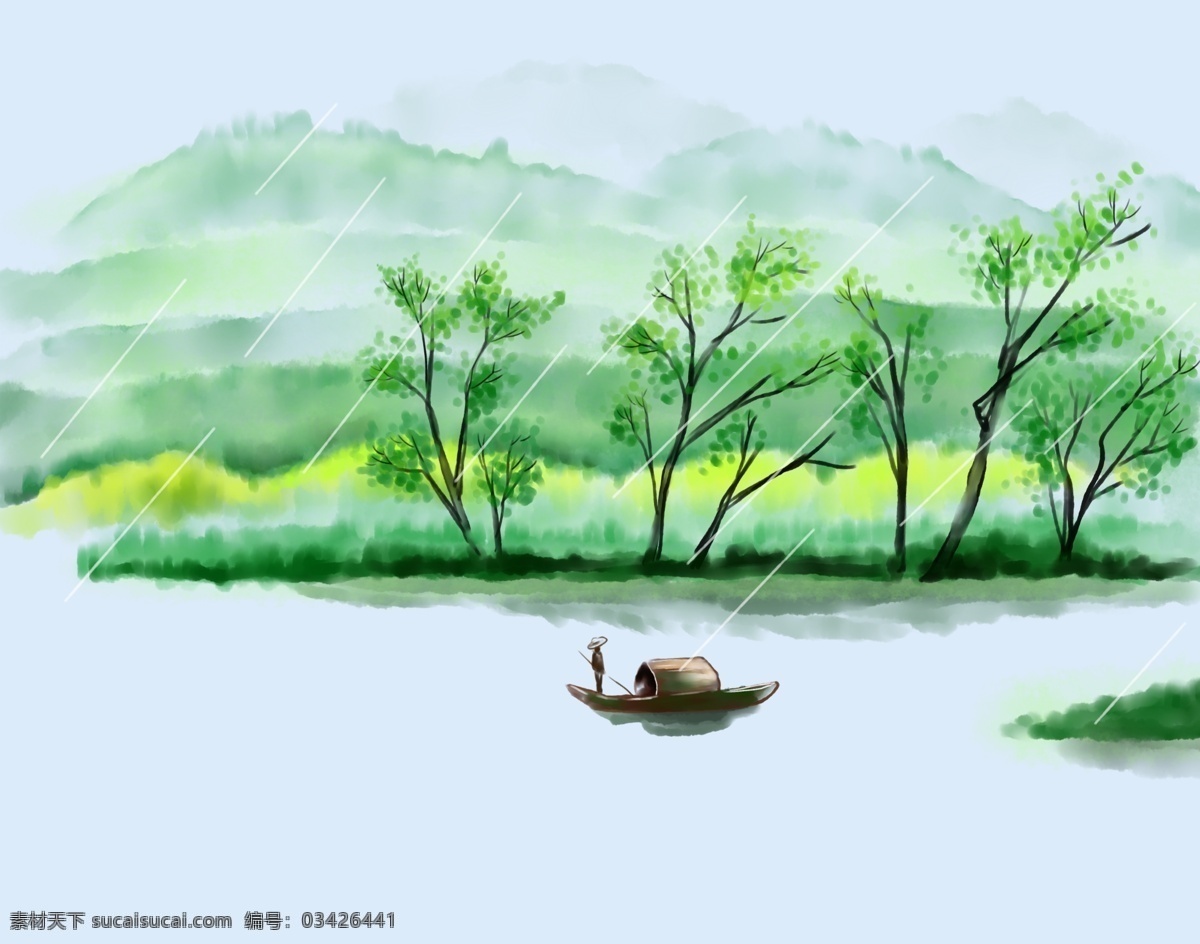 春天 春季 雨水 节气 插画 手机海报 二十四节气 下雨 传统节气 初春 雨季 燕子 船 湖泊 手绘