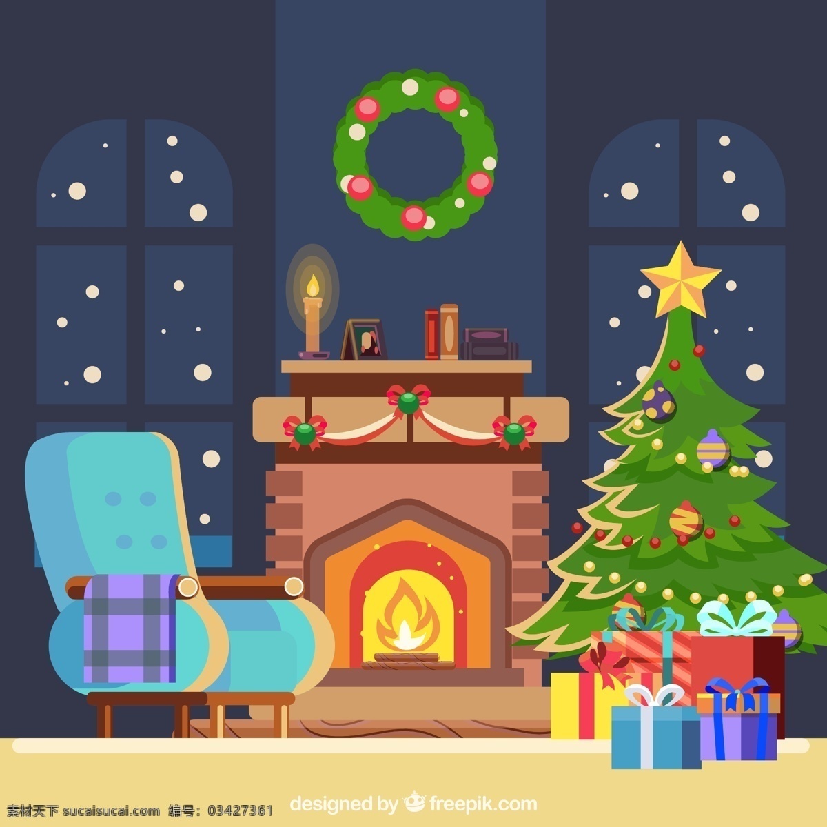 温暖 圣诞节 客厅 矢量 壁炉 节日 礼物 沙发 圣诞树 温馨 夜景