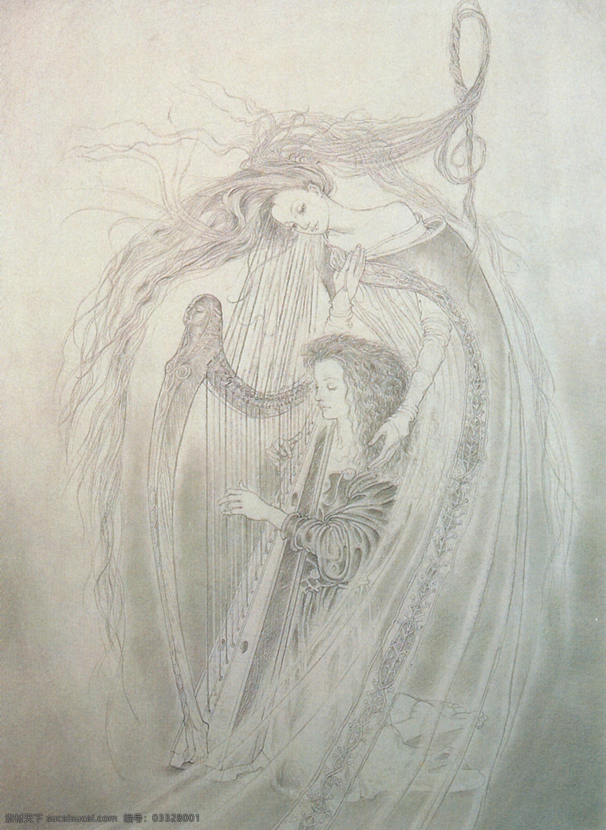 插画 插图 动漫 绘画书法 精灵 美女 欧洲 弹竖琴的仙女 天使 仙女 竖琴 线条 神话 童话 文化艺术 插画集