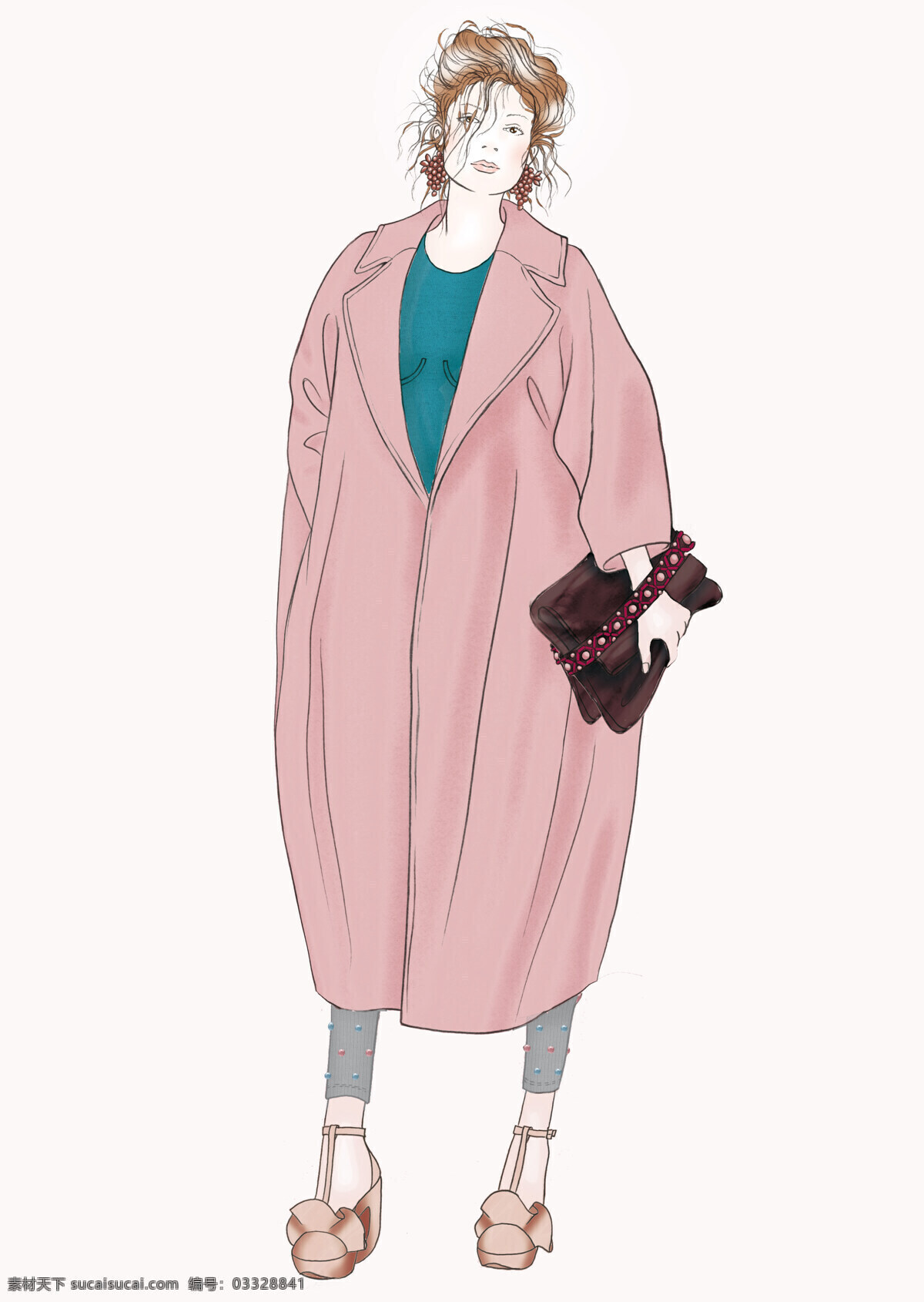 温婉 粉色 大 外套 女装 服装 效果图 粉色高跟鞋 服装效果图 女士服装 手拿包