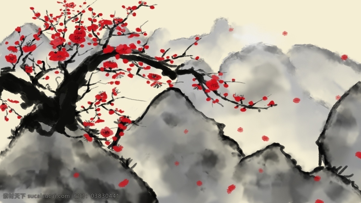 中国 风 梅花 山水 壁纸 花瓣 飘落 红色 鲜艳 花朵 冬天 大气 原创 水墨画 手机壁纸 复古风 腊梅 红梅 沧桑 山