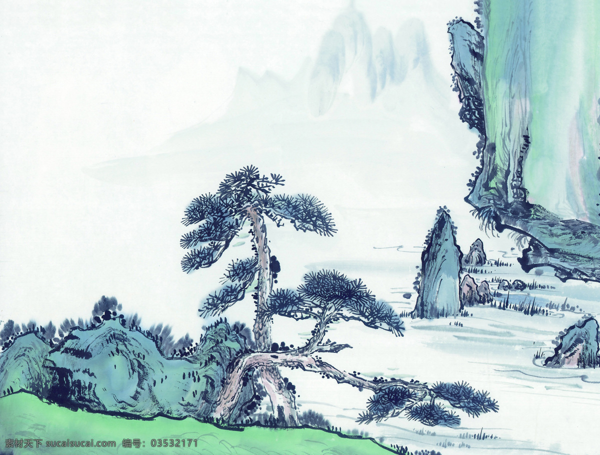 中式 山水 工笔画 水墨 工笔 大山 风景 中式工笔画 文化艺术 绘画书法