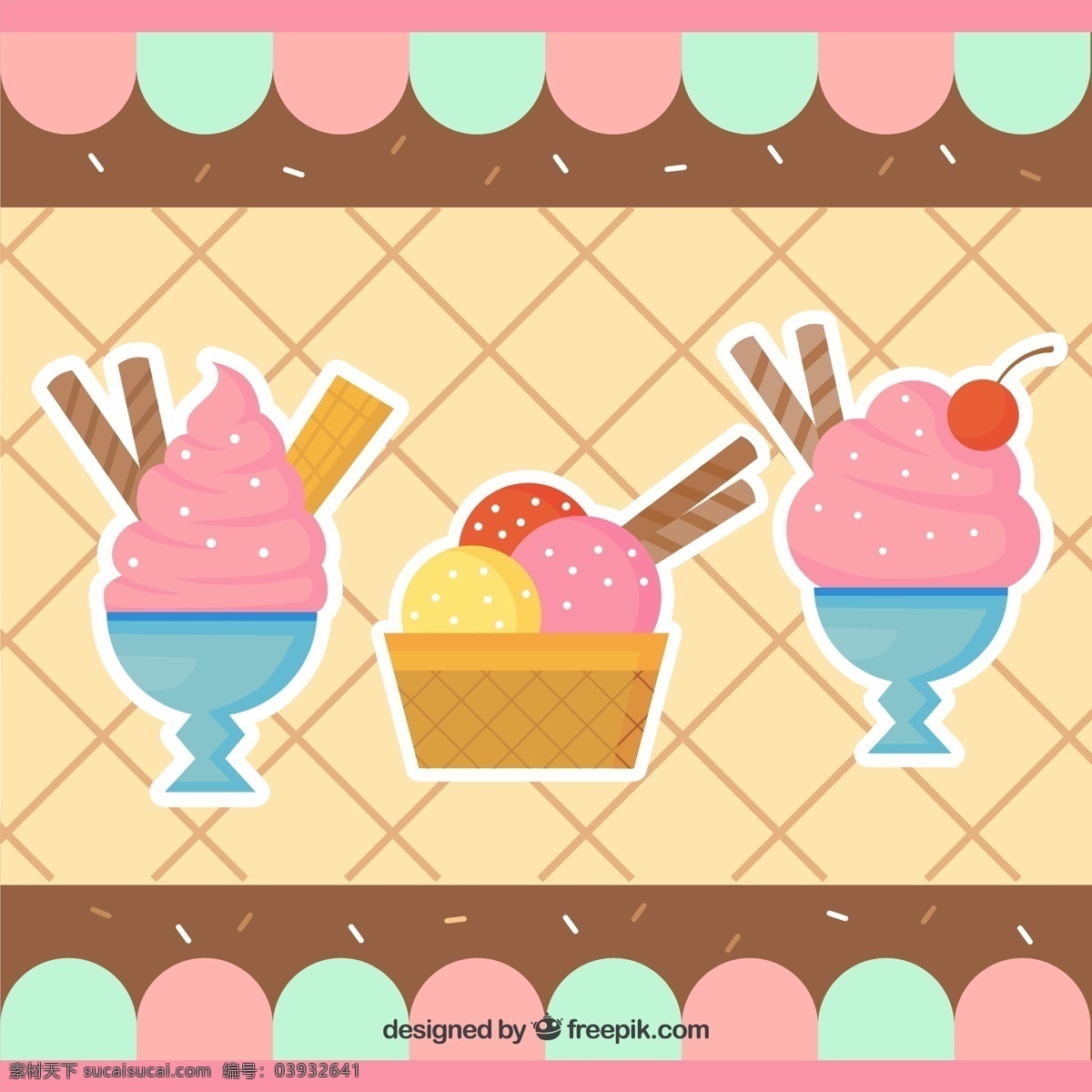 平面设计 背景 甜点 冰淇淋 食物 夏季 平板 冰 甜 奶油 吃 季节 美味 口味 冷却 清爽