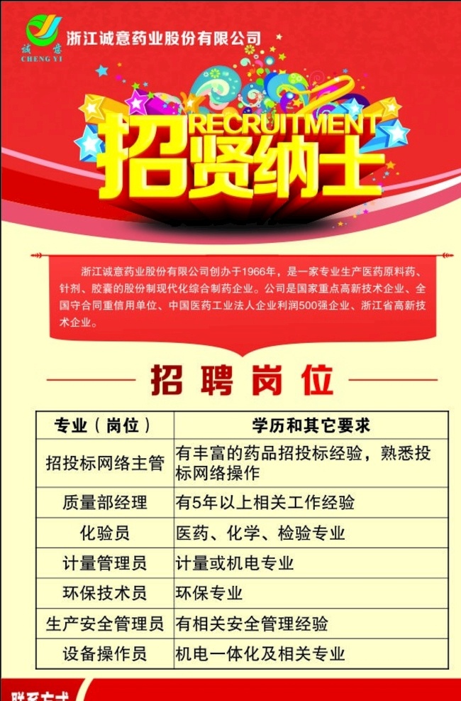 招聘海报 招贤纳士 招聘 岗位 主管 网管 化学