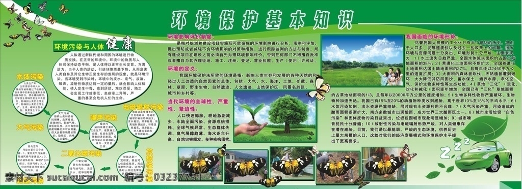 环保展板 环保 展板 绿色 环境保护 学校展板 蝴蝶 树苗 汽车 绿叶 大树 人物 环境污染 水体污染 空气污染 放射性污染 噪声污染 电磁污染 展板模板