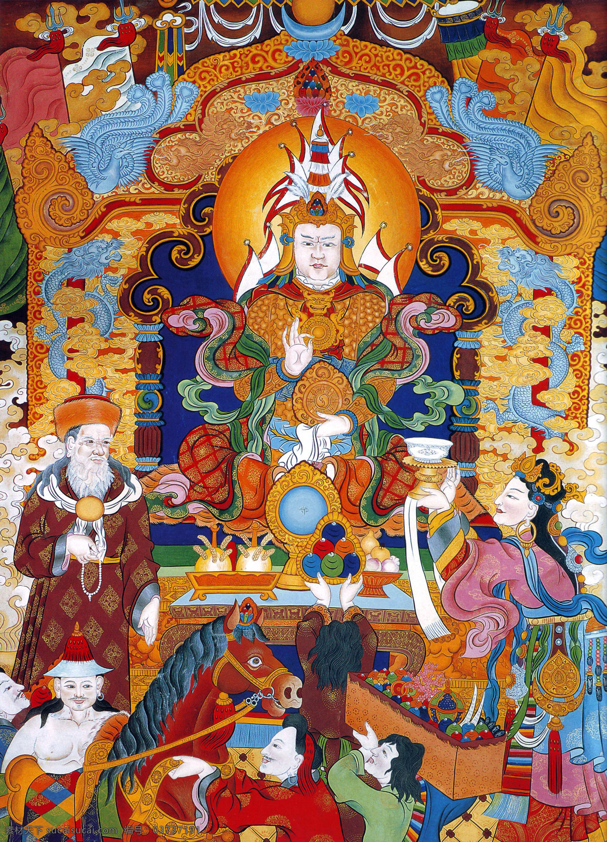 供奉 神仙 雕像 人们 凡人 唐卡 彩绘 佛教 宗教 信仰 卷轴画 书画文字 文化艺术