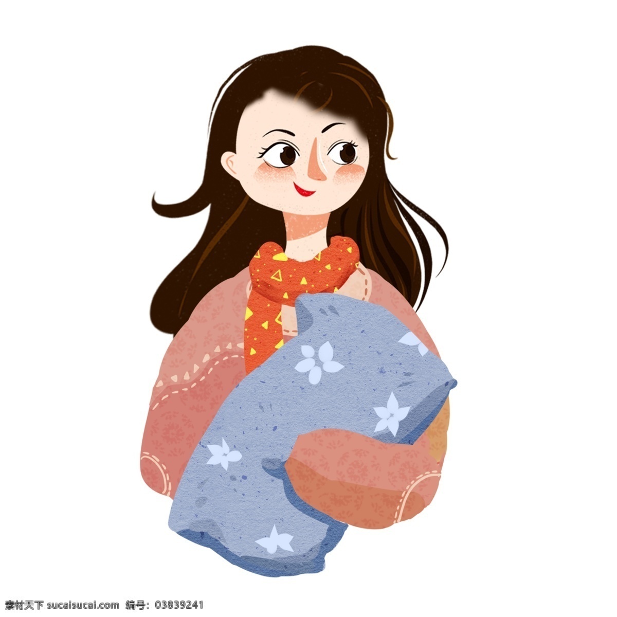 温馨 手绘 抱 宝宝 女孩 治愈系 插画 小孩 人物