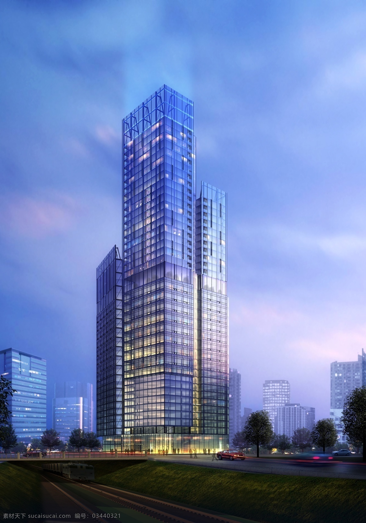 夜景 人 视 办公楼 建筑 效果图 分层 文件 商业 办公 黄昏 半夜景 人视 道路 车流线 写字楼