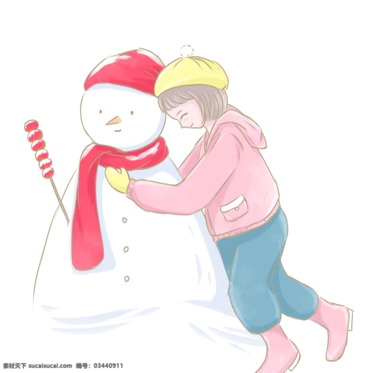 小 清新 靠着 雪人 女孩 商用 元素 小清新 插画 冬季 唯美 卡通 手绘 治愈系