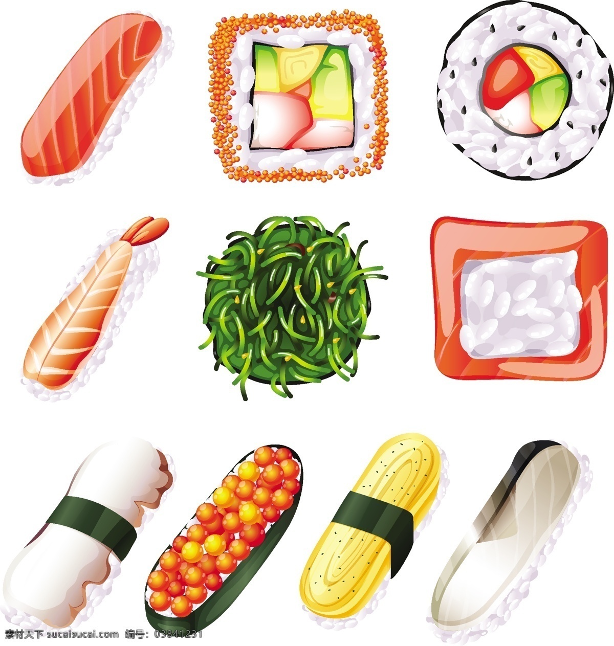 白色 背景 下 套 寿司 食物 鱼 蔬菜 绘画 肉类 插图