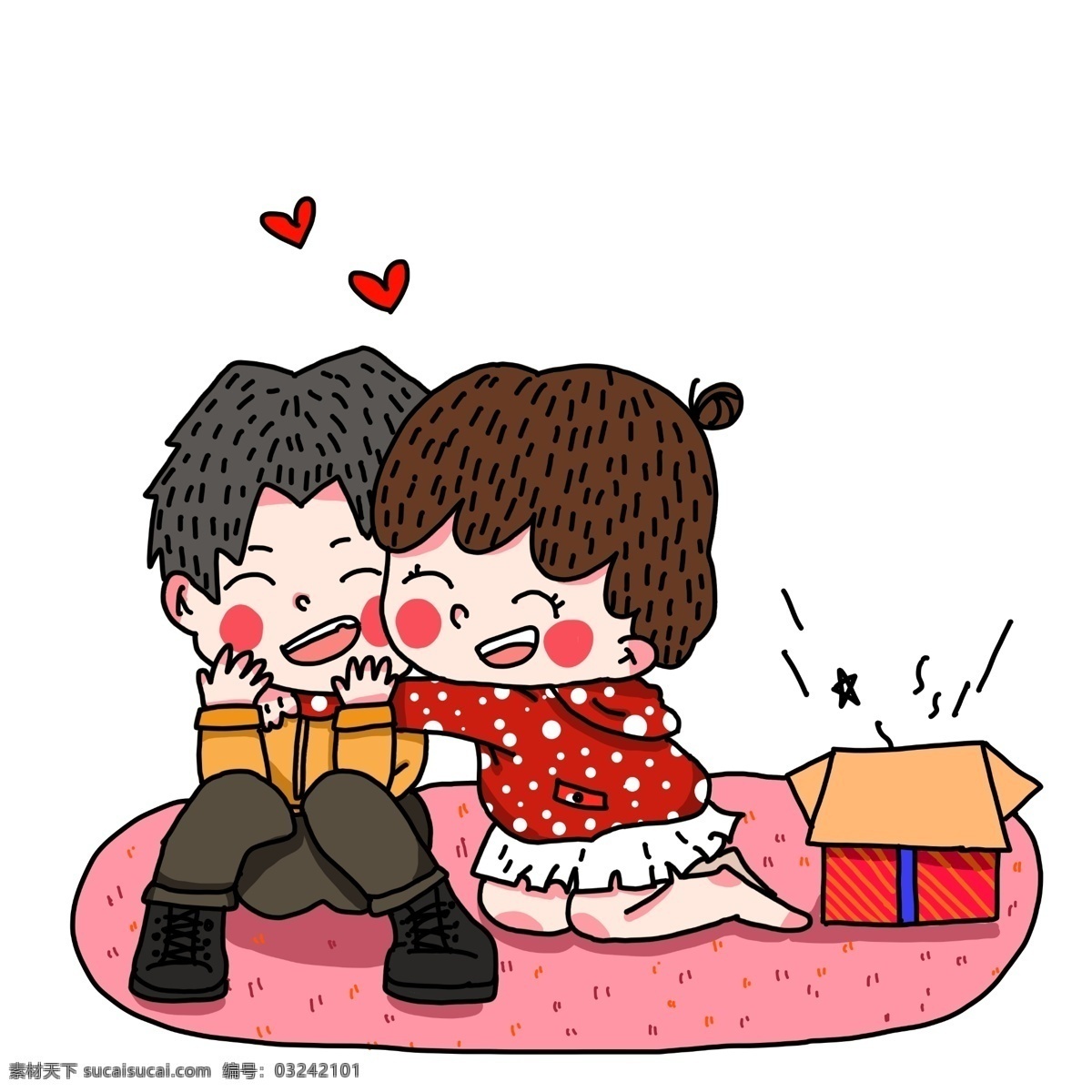 爱情 拥抱 情侣 插画 红色的桃心 恩爱的情侣 浪漫礼物 拥抱的情侣 人物 手绘 红色的礼盒