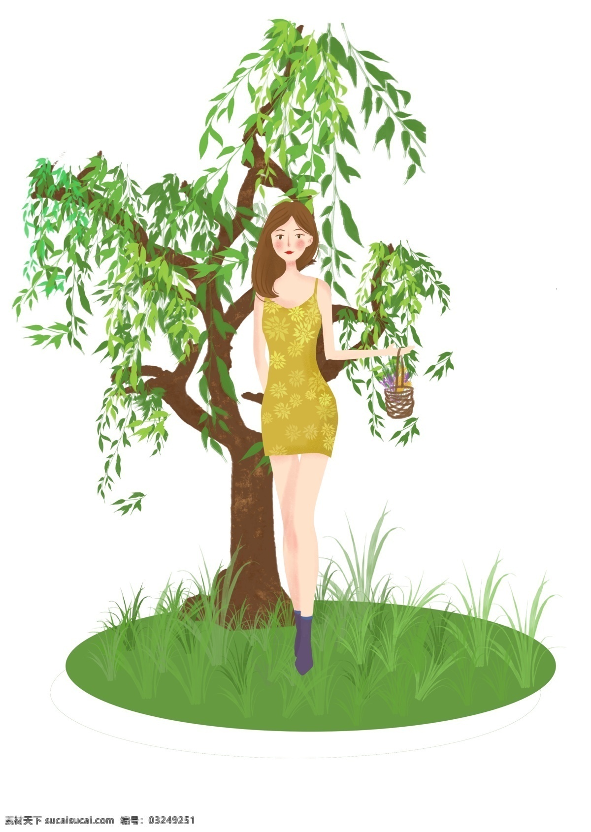 春游 踏青 小女孩 插画 人物 漂亮的小女孩 绿色的而叶子 植物装饰 踏青的小女孩 卡通人物