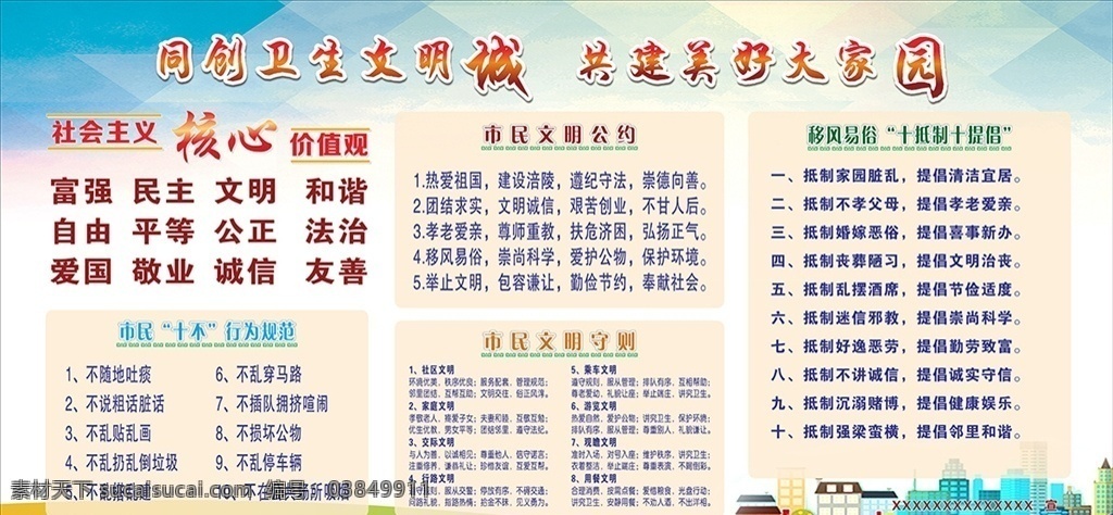 创文创卫展板 创文创卫 创文明城市 创卫生城市 市民公约 市民守则 海报 展板模板