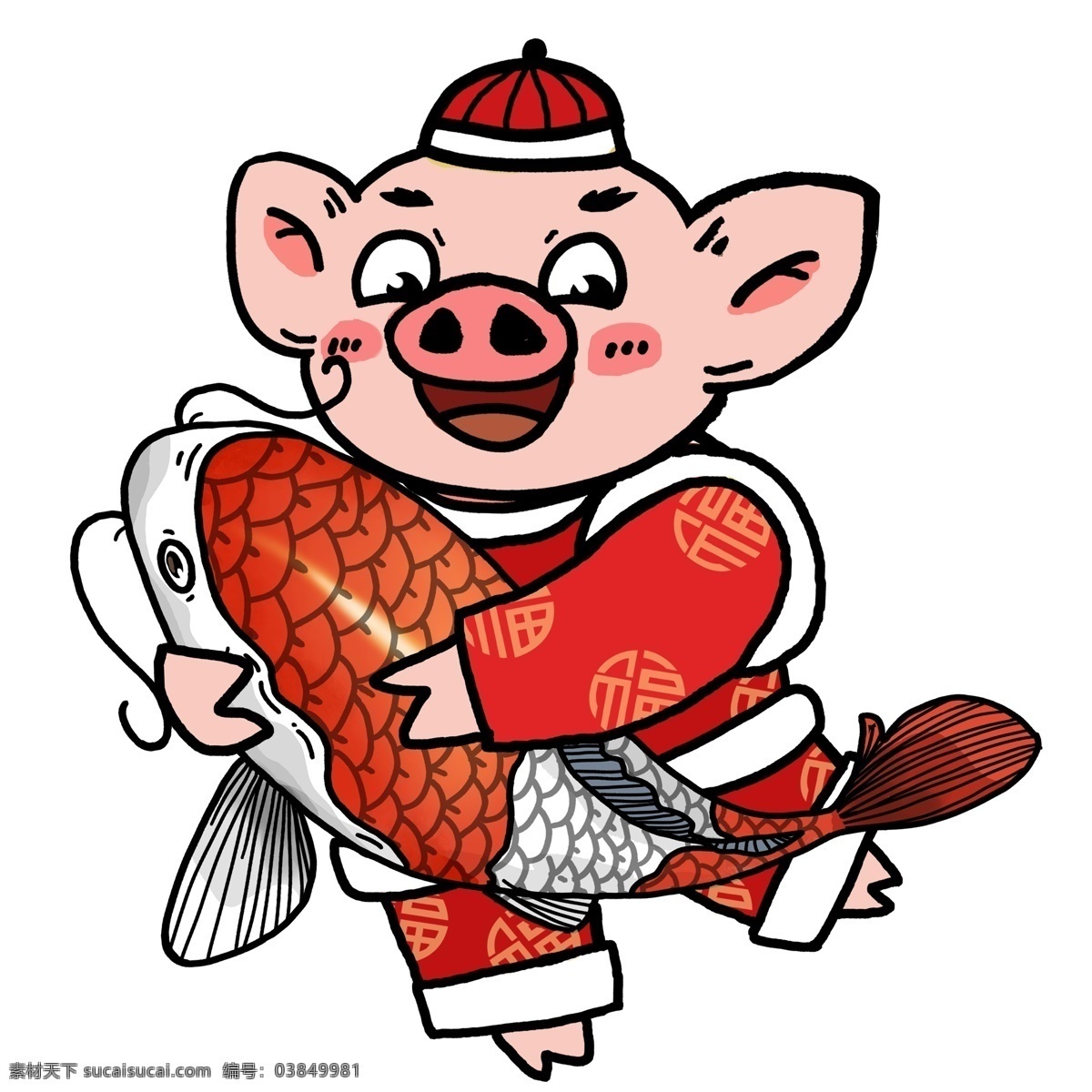 潮 漫 年年有余 卡通 猪 喜庆 春节 插画 红色 潮漫 彩色 漫画风 手绘 彩绘 新年 猪年 2019年 过年 小猪形象 猪年形象 锦鲤