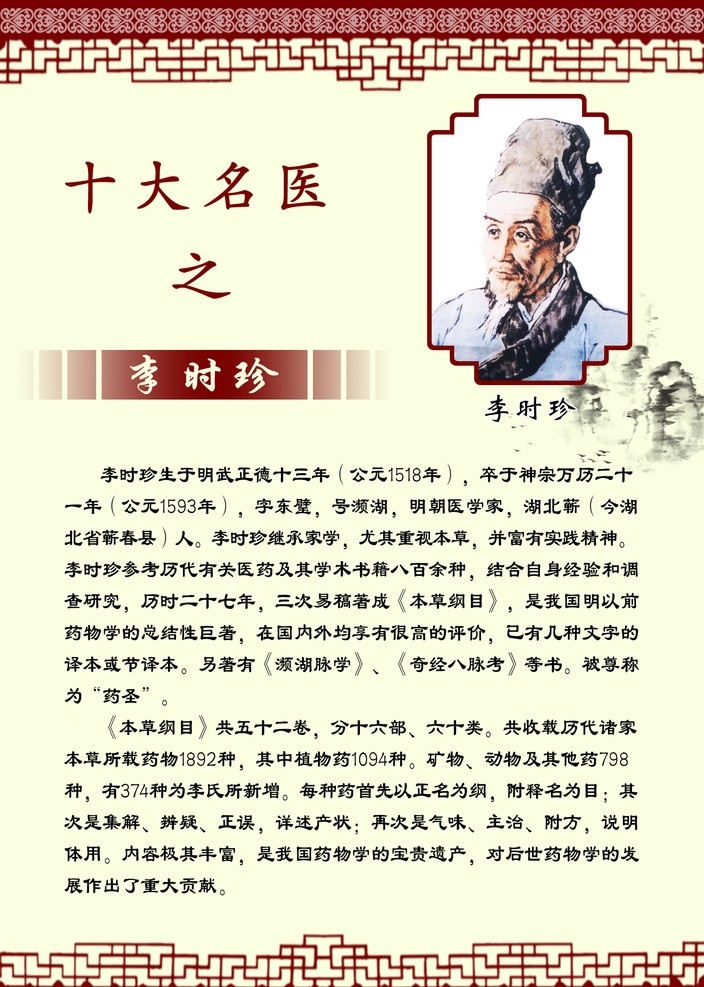 李时珍 四大名医 医学家 本草纲目 评价 名著 古典边框 分层 源文件