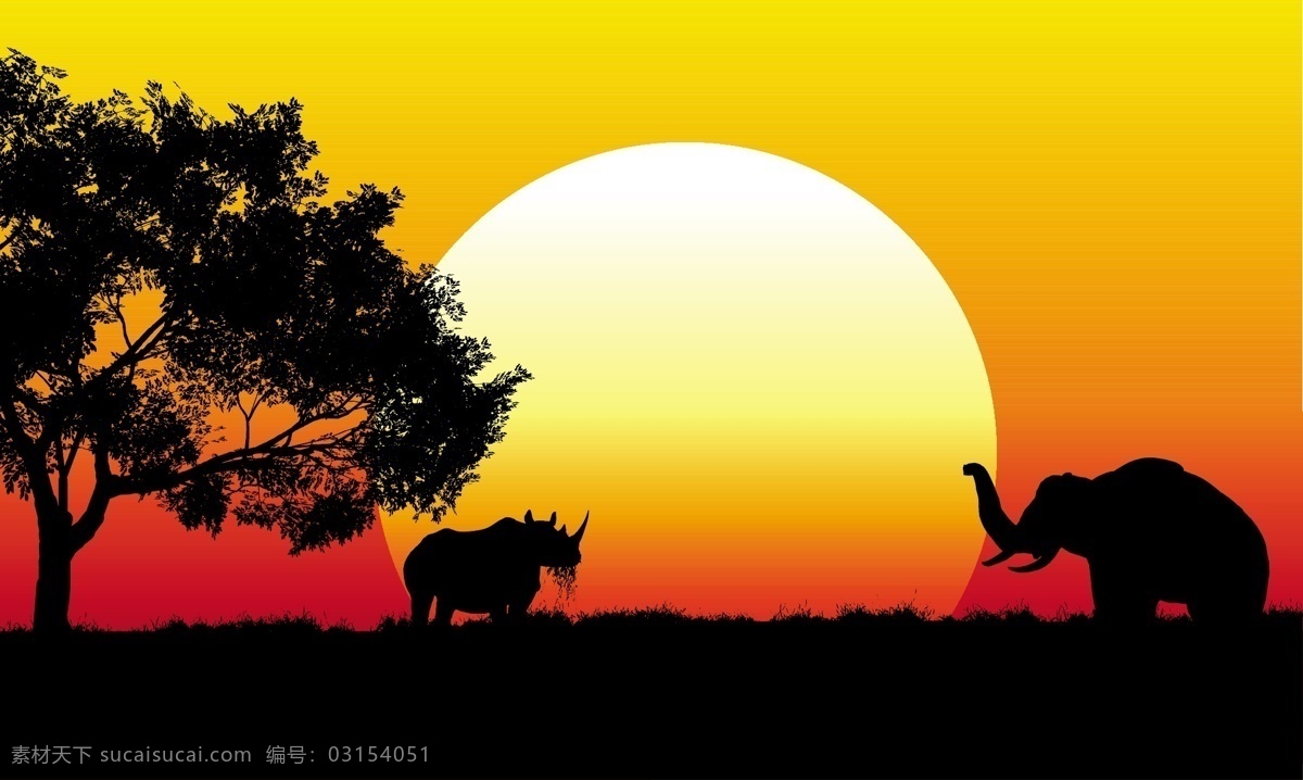 非洲 野生 动物园 太阳 自然 景观 大象 剪影 日出 野生动物园 阳光 场景 犀牛