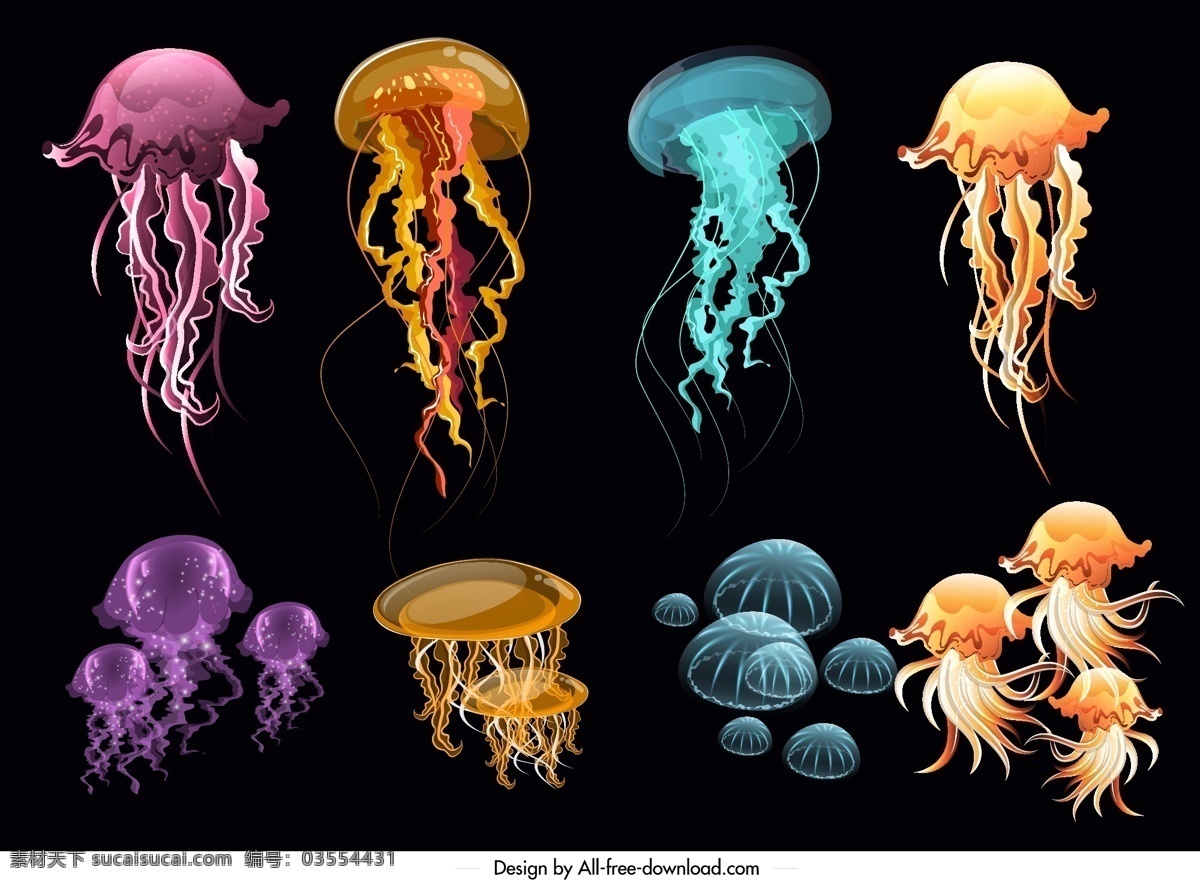 8组彩色 透明水母设计 彩色 透明 水母 大海 矢量图 ai格式