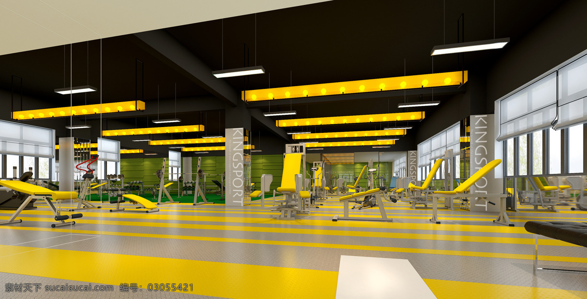 健身器械区 主题 黄色 健身房 器械 灯光 窗户 室内设计 环境设计