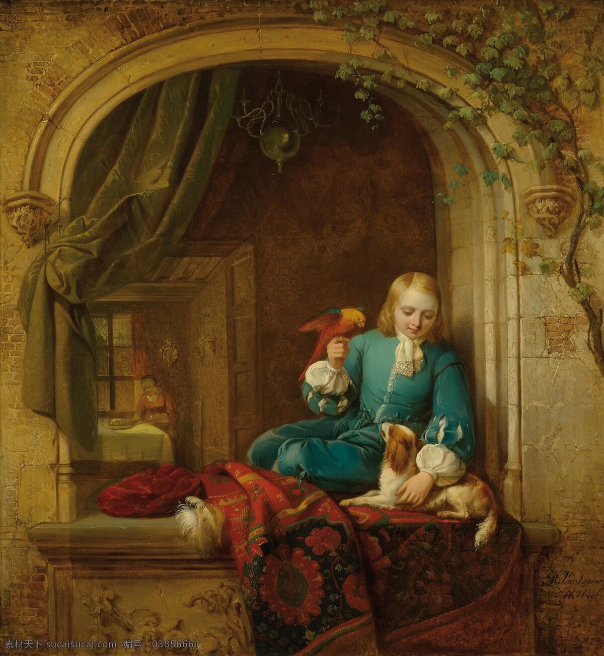 赫尔曼183 冯183 亚历克西斯 作品 德国画家 男孩儿 窗口 玩耍 鹦鹉 小狗 19世纪油画 油画 文化艺术 绘画书法