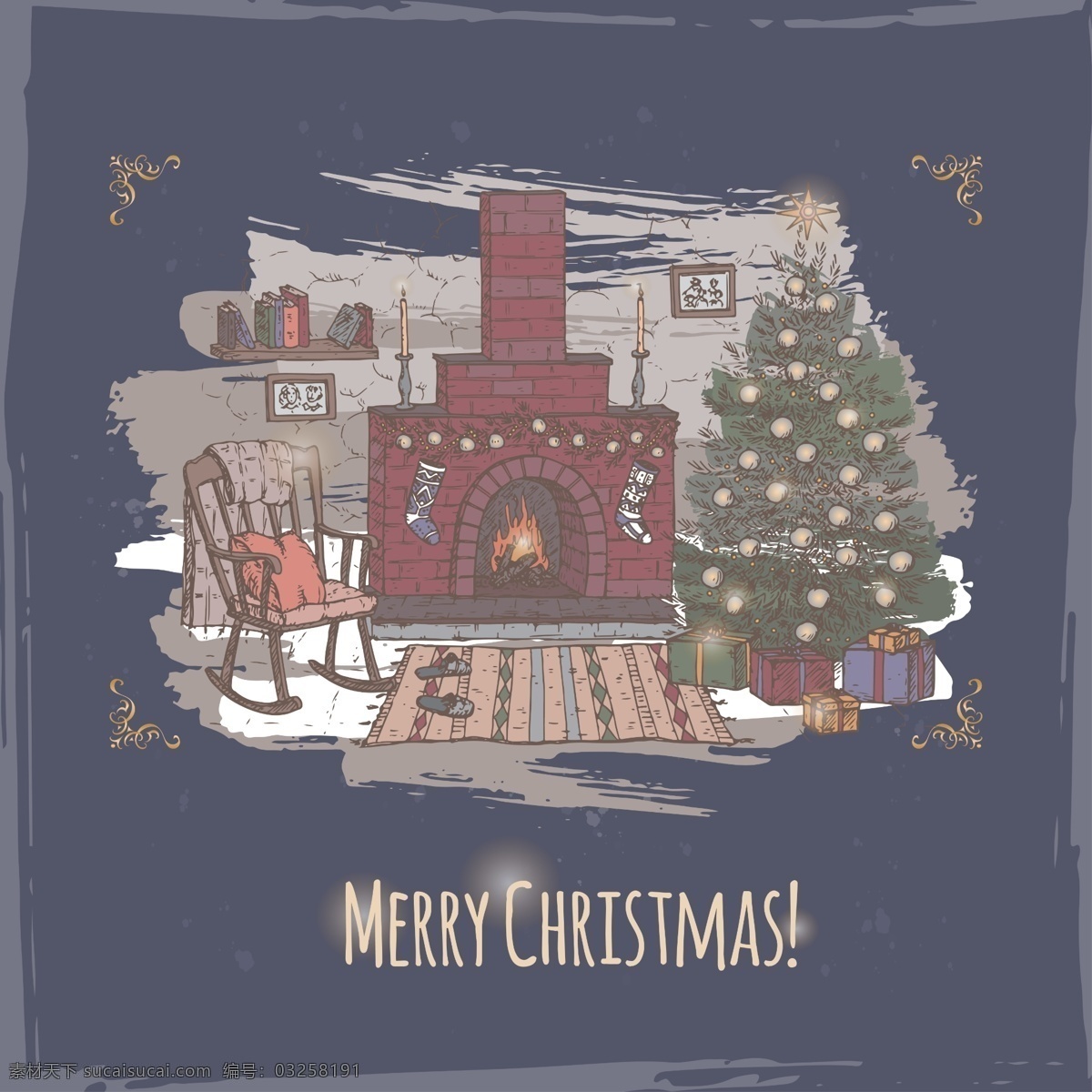 手绘 卡通 取暖 炉 源文件 圣诞树 关键椅子 红色 小礼物 装饰图案 烟通