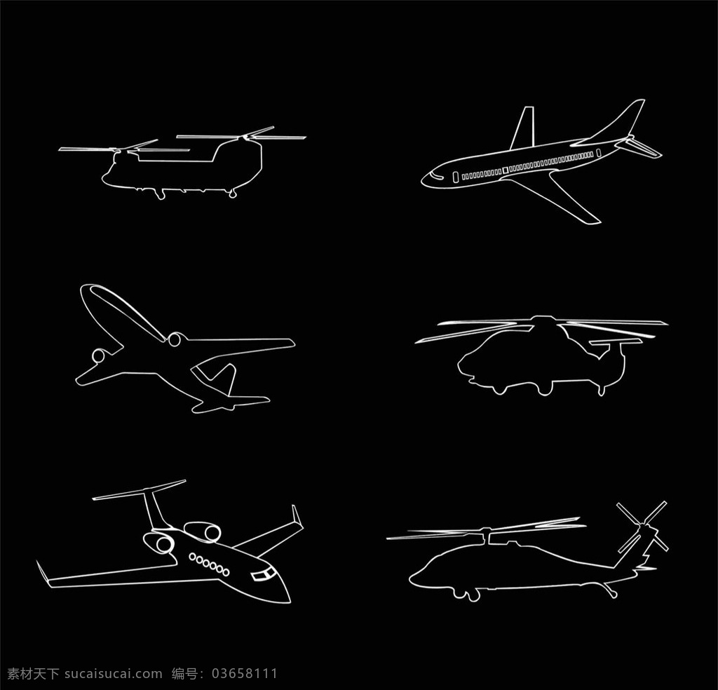 飞机线条图片 飞机 矢量图 航空 交通工具 线条图片 黑色背景 直升机 现代科技 矢量