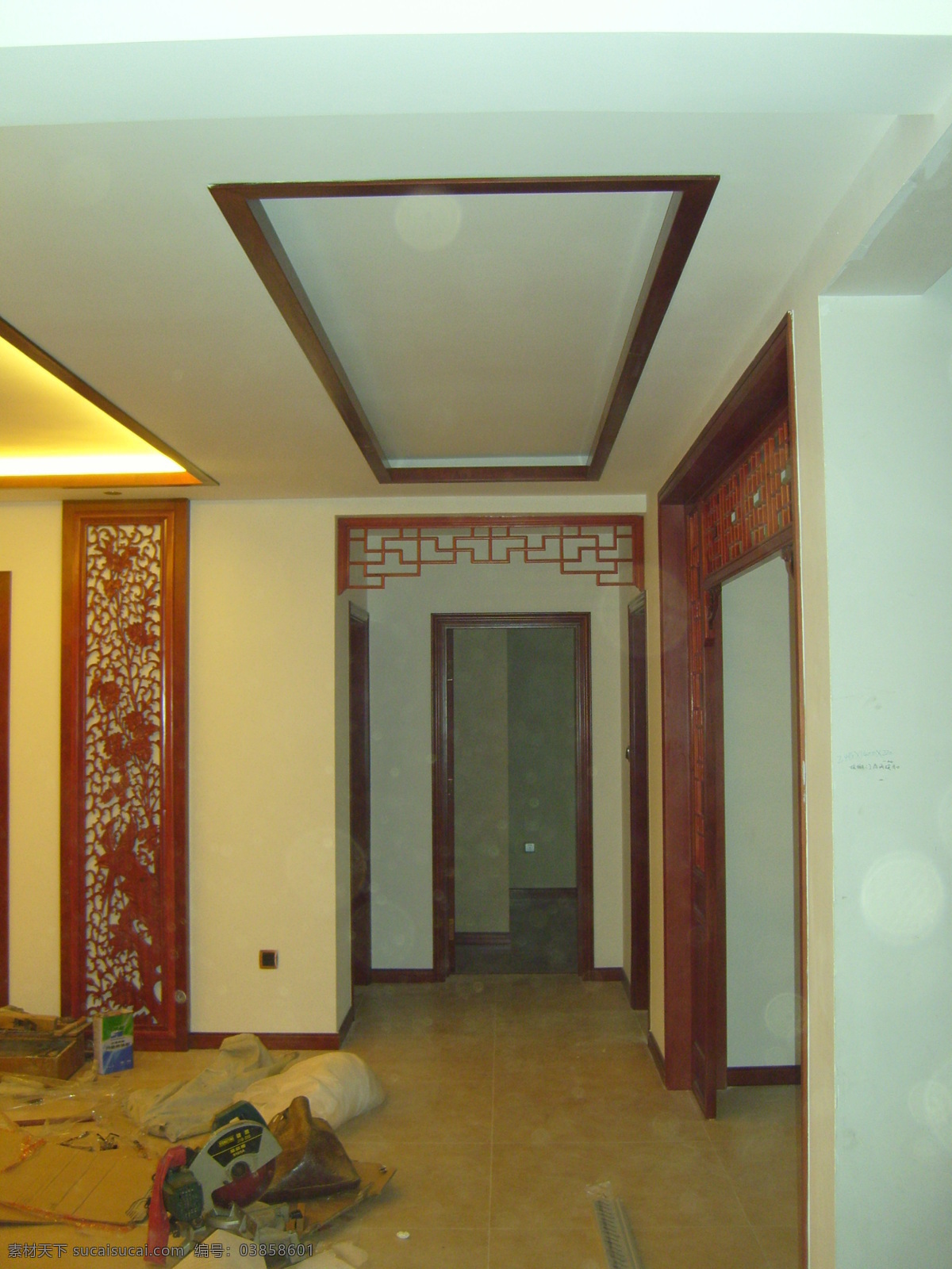 中式走廊 玄关 影视墙 花格 中式拱门 环境设计 室内设计
