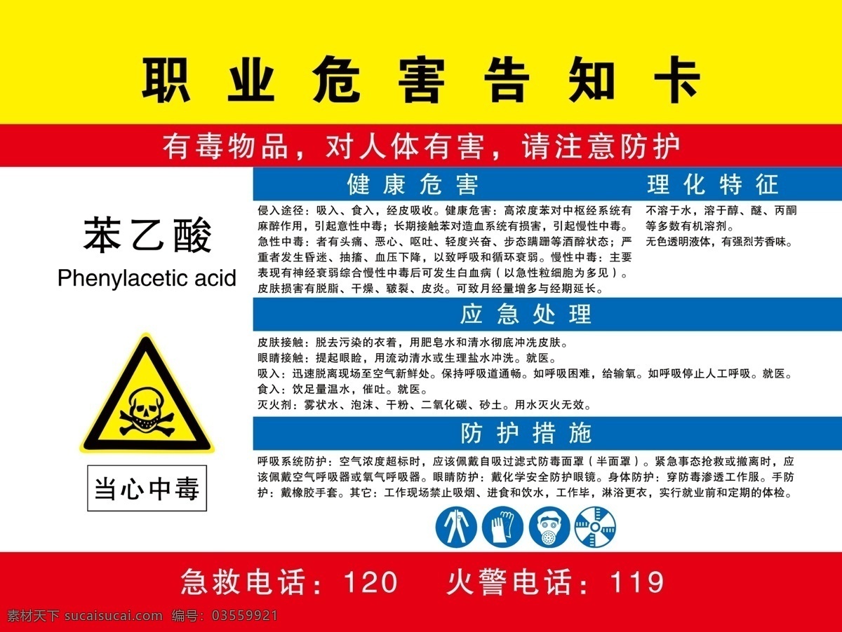 苯乙酸 职业 危害 告知 卡 psd分层图 告知牌 当心中毒 防尘口罩 防护服 防护手套 对人体有害 请注意防护 危害健康 理化特性 特别提示 应急处理 防护措施 psd源文件