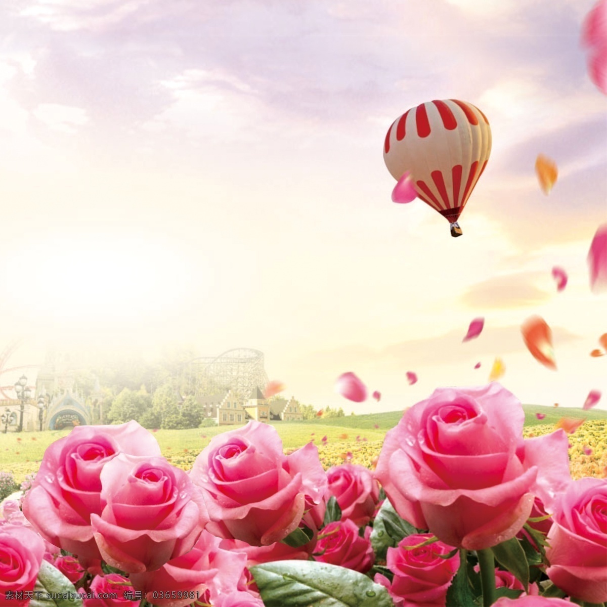 花海 玫瑰花 飘落 花瓣 氢气球 广告 背景 花 紫色花 飘落的花瓣 唯美素材 广告背景素材