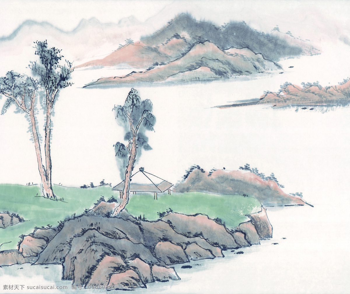 装饰 山水画 大山 大树 石头 水墨画 家居装饰素材 山水风景画