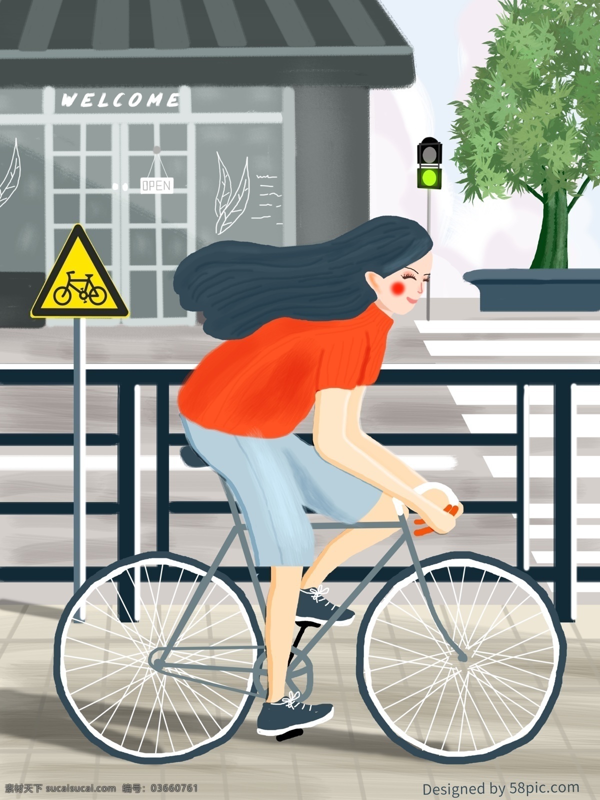 原创 安全 出行 非机动 车道 骑车 女孩 插画 交通 文明 街道 自行车 安全出行 斑马线 树 房屋