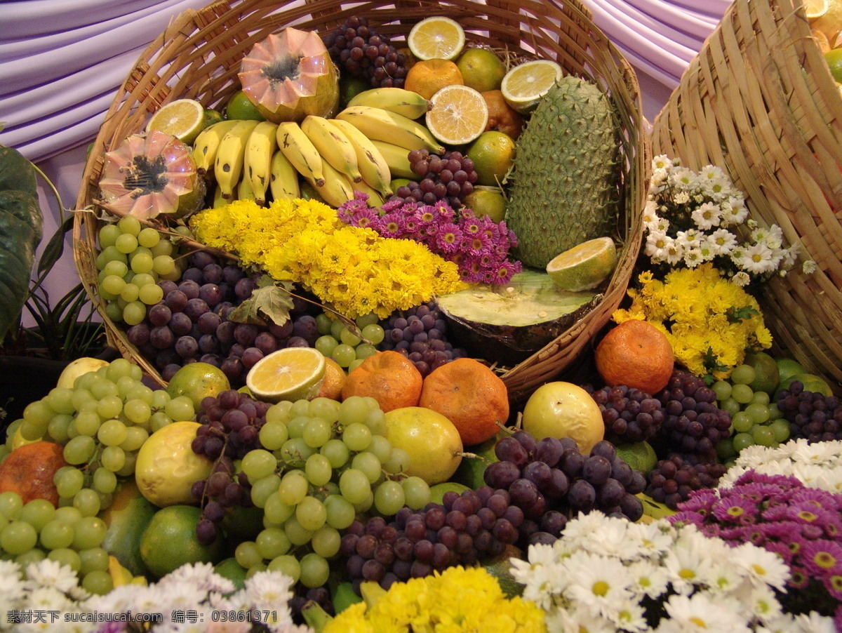 菊花水果组合 香蕉 葡萄 草莓 杏 猕猴桃 覆盆子 打开杏 葡萄架 打开香蕉 菊花 生物世界 水果