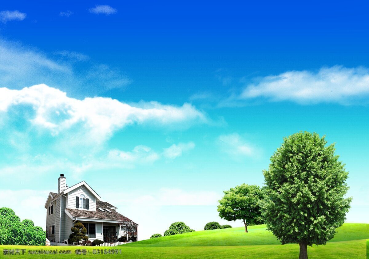 蓝天白云素材 蓝天 白云 云 天 蓝天白云 自然景观 自然风景 草地 房子 花 版面 自然风光